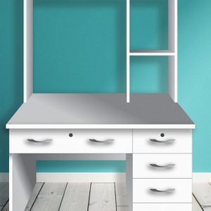 مكتب خشب MDF يشمل 3 درج جانبي + 1 درج عرضي مع مكتبة رأسية مقاس 180 سم × 120 سم × 60 سم ابيض ومتعدد الالوان محلي الصنع